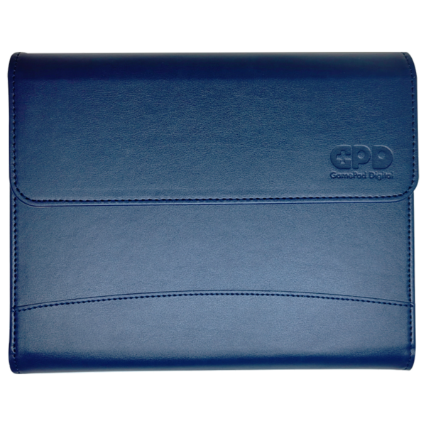 Direct front view of the GPD WIN MAX 2 protective case in navy blue leather, highlighting the sleek design and precise stitching details.