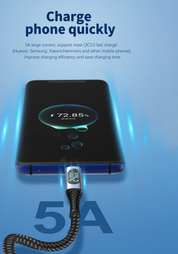 スマートフォンを充電するケーブルのアップ。ケーブルのデジタル表示には5Aの電流が流れ、急速充電を示すメッセージが表示されている。 