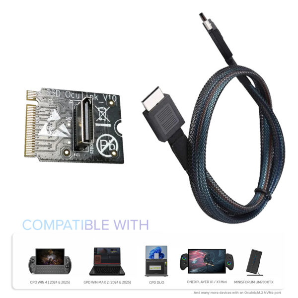 Image displaying the GPD OCuLink SFF8611 cable alongside the M.2 8612 adapter card. The adapter card is labeled 'SSD OCuLink V1.0,' and the cable features a braided design for durability with connectors on both ends. Below, a compatibility section highlights supported devices, including GPD WIN 4 (2024 & 2025), GPD WIN MAX 2 (2024 & 2025), GPD DUO, ONEXPLAYER X1/X1 Mini, and MINISFORUM UM780XTX, along with a note about additional compatibility with devices featuring OCuLink/M.2 NVMe ports.