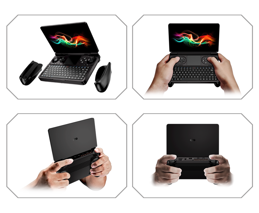 GPD Win Mini 2024, z ergonomicznymi uchwytami i bez nich, oferuje wszechstronny komfort gry i opcje sterowania.