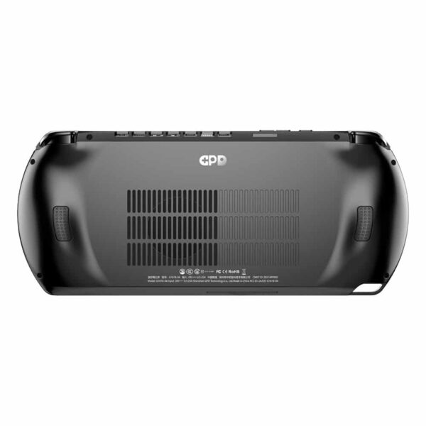 The back view of the GPD Win 4 (2024) handheld gaming PC, showcasing a sleek and ergonomic design with ports and ventilation for efficient cooling.