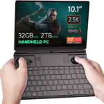 The GPD Win Max 2 (2024) is shown running The Witcher game on its display. The device features impressive specifications, including up to 64GB of RAM, up to 4TB SSD NVMe storage, and a Ryzen 7 8840U CPU, highlighting its capability to handle demanding games with ease.