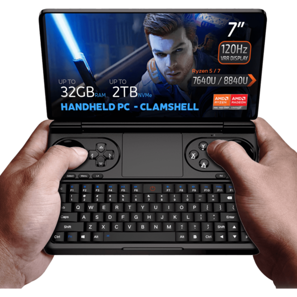 GPD WIN Mini 2024: Powerful handheld gaming PC with 7&quot; FHD 120Hz VRR display. Features AMD Ryzen 7 8840U, 32GB RAM, 2TB NVMe storage. Clamshell design combines full QWERTY keyboard with gaming controls, including dual joysticks and buttons. Compact form factor held comfortably in hands. Screen displays game character with glowing sword, showcasing vibrant graphics. Specs visible: 7&quot; screen, 120Hz VRR, Ryzen 7 8840U, 32GB RAM, 2TB storage. &quot;HANDHELD PC - CLAMSHELL&quot; emphasized. AMD Ryzen and Radeon logos present. Device offers portable gaming and productivity in one, bridging gap between handheld console and mini laptop.
