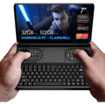 GPD WIN Mini 2024: Powerful handheld gaming PC with 7" FHD 120Hz VRR display. Features AMD Ryzen 7 8840U, 32GB RAM, 512GB NVMe storage. Clamshell design combines full QWERTY keyboard with gaming controls, including dual joysticks and buttons. Compact form factor held comfortably in hands. Screen displays game character with glowing sword, showcasing vibrant graphics. Specs visible: 7" screen, 120Hz VRR, Ryzen 7 8840U, 32GB RAM, 512GB storage. "HANDHELD PC - CLAMSHELL" emphasized. AMD Ryzen and Radeon logos present. Device offers portable gaming and productivity in one, bridging gap between handheld console and mini laptop.