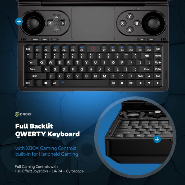 GPD WIN Mini 2024: Täielik taustavalgustusega QWERTY-klaviatuur koos integreeritud XBOX-stiilis mängude juhtimisega. Omab kahte analoogjuhtimispulti, D-pulti, XYAB-nuppe ja õlanuppe. Kompaktne paigutus sisaldab funktsiooniklahve, puuteplaati ja Windowsi klahvi. Sisekujunduses on näha ergonoomilise võtme kujunduse lähivaade. Tähtsündmused "Täielik taustavalgustusega QWERTY klaviatuur" ja "XBOX Gaming Controls built-in for Handheld Gaming". Sisaldab Hall Effect joysticki, L4/R4 nuppe ja güroskoopi täiustatud mängukogemuse tagamiseks.     