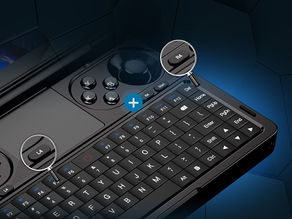 Kontroler GPD Win Mini 2024 przedstawia stronę C z nowo dodanymi programowalnymi klawiszami makr L4 i R4, umożliwiającymi konfigurowalne kombinacje klawiszy jednoprzyciskowych dla łatwiejszej gry online na PC.