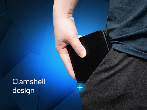 Kompaktowa i elegancka przenośna konsola do gier GPD Win Mini 2024 w obudowie typu clam-shell, z ekranem i klawiaturą widocznymi po otwarciu, prezentująca ergonomiczną i przenośną konstrukcję.