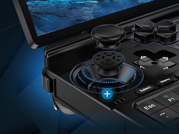 GPD Win Mini 2024 wyposażony w mini joystick z efektem Halla zapewniający precyzyjne i czułe sterowanie w grach.