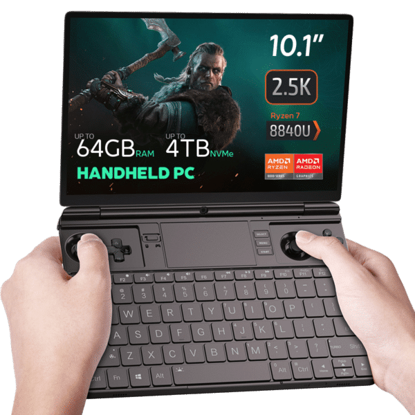 The GPD Win Max 2 (2024) is shown running The Witcher game on its display. The device features impressive specifications, including up to 64GB of RAM, up to 4TB SSD NVMe storage, and a Ryzen 7 8840U CPU, highlighting its capability to handle demanding games with ease.