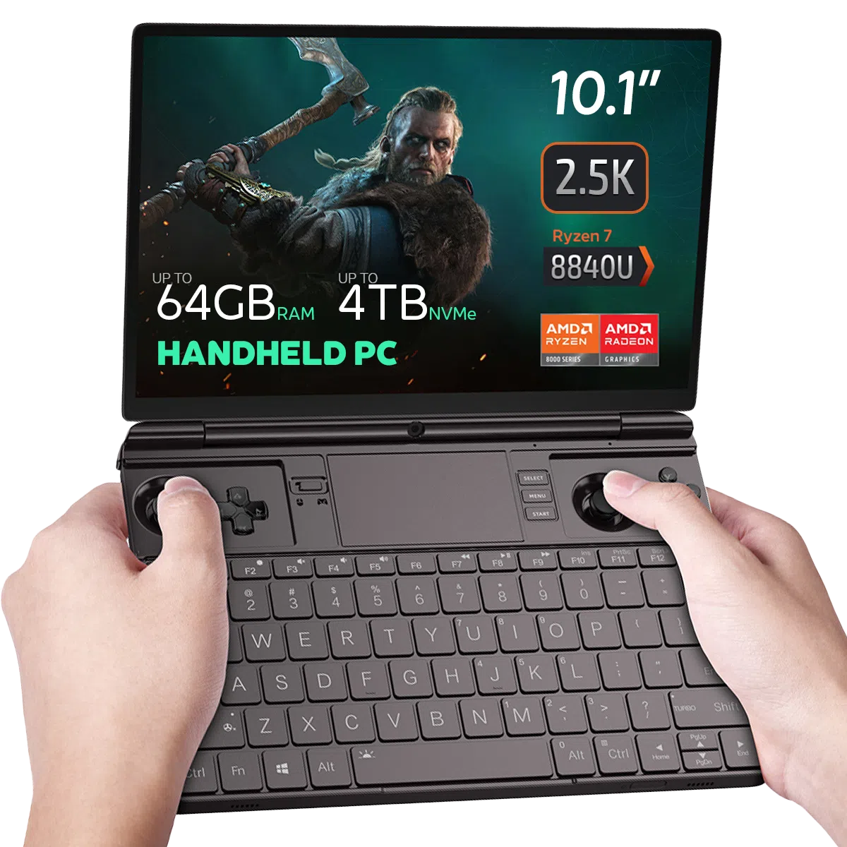 The GPD Win Max 2 (2024) is shown running The Witcher game on its display. The device features impressive specifications, including up to 64GB of RAM, up to 4TB SSD NVMe storage, and a Ryzen 7 8840U CPU, highlighting its capability to handle demanding games with ease.