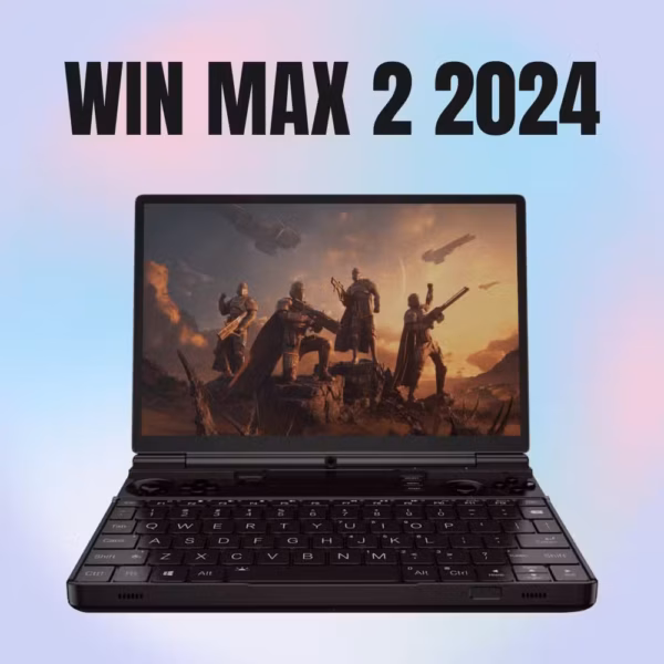 A thumbnail image for a video review of the WIN MAX 2 2024 mini-laptop. The black device is open in laptop mode, centered against a blurred background with a pink, blue, and white gradient. The screen displays a scene from a futuristic video game featuring four armed characters standing on a rocky terrain with flying ships in the background. The full QWERTY keyboard is visible. Large, bold, black text reading "WIN MAX 2 2024" is overlaid across the top of the image.