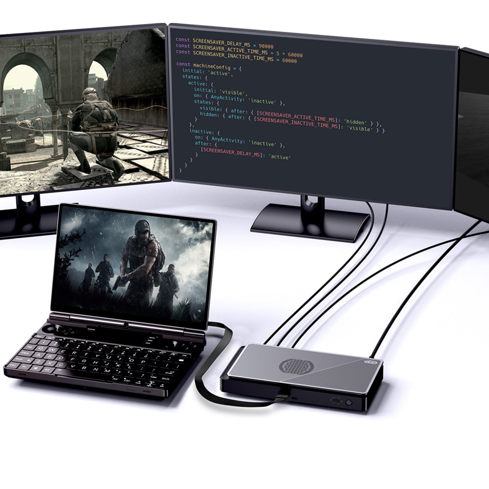 Image showing a GPD G1 handheld device connected to a WIN Max 2 laptop, with both devices connected to external monitors for extended display setup