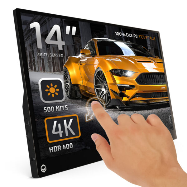 Monitor portatile touchscreen da 14 pollici DroiX che visualizza un'immagine 4K di un'auto sportiva gialla. Il testo in sovrimpressione evidenzia le caratteristiche: Touch screen da 14 pollici, luminosità di 500 NITS, risoluzione 4K e supporto HDR 400. Viene mostrata una mano che interagisce con il touchscreen.