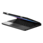 A side view of the GPD DUO laptop in a partially open position. The device has a sleek, dark gray chassis with a slim profile. The screen is slightly raised, revealing a thin LED strip along the hinge that emits a gradient of blue and red light. The keyboard is visible, showing a compact layout with black keys. The laptop's design suggests a premium, portable device with attention to aesthetics and functionality.