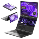 Image of the GPD Duo laptop showcasing its 3-in-1 design, featuring a dual 13.3-inch touchscreen display with 2.8K resolution. The laptop is displayed in different modes: tablet mode, tent mode, and dual-screen laptop mode. The secondary screen supports video input via USB-C. The specifications include an AMD Ryzen AI 9 processor, 32GB LPDDR5x RAM, and 1TB PCIe 4.0 NVMe SSD storage.