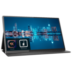 The image shows a sleek 15.6-inch portable monitor with a 4K Ultra HD display and multi-touch capabilities. The screen displays a vibrant cityscape at night, with buildings and their reflections on the water. The monitor is angled slightly to the left, highlighting its slim design and minimal bezels. Two icons are visible on the lower-left corner of the screen: one indicating "4K Ultra HD" and the other indicating "Multi-Touch." The monitor appears to be supported by a foldable stand or cover that blends seamlessly with the overall design.