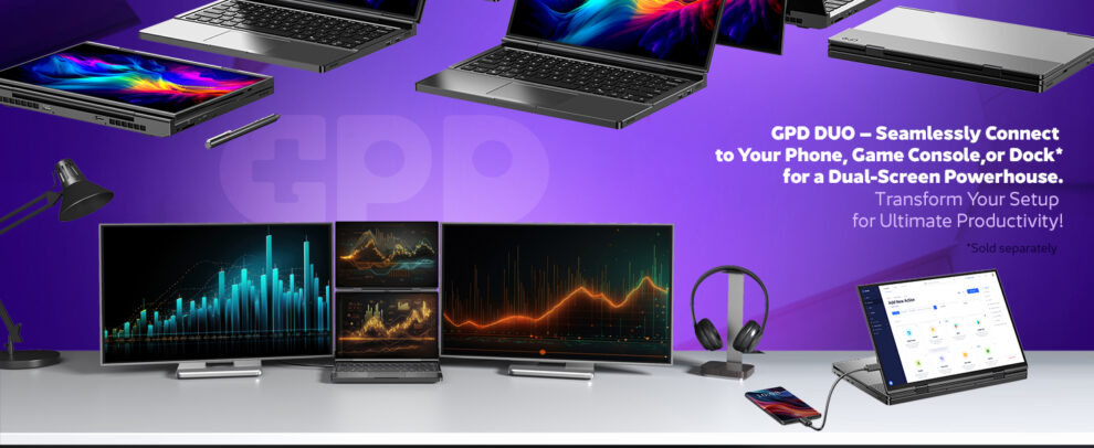 Une bannière promotionnelle pour le GPD DUO-A, présentant sa connectivité externe. L'ordinateur portable est montré connecté à une configuration de bureau multi-moniteur affichant des graphiques de données complexes, à une paire d'écouteurs et à un smartphone. Le titre est "GPD DUO - Seamlessly Connect to Your Phone, Game Console, or Dock* for a Dual-Screen Powerhouse" (GPD DUO - Connexion transparente à votre téléphone, votre console de jeux ou votre station d'accueil* pour un double écran). L'arrière-plan est un dégradé violet avec plusieurs appareils GPD DUO-A flottant au-dessus de la configuration.   