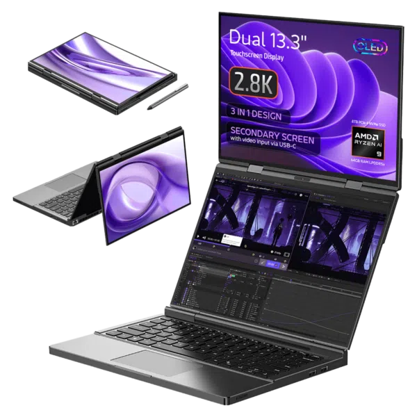 صورة للكمبيوتر المحمول GPD Duo الذي يعرض تصميمه 3 في 1، والذي يتميز بشاشة مزدوجة تعمل باللمس مقاس 13.3 بوصة بدقة 2.8K. يتم عرض الكمبيوتر المحمول في أوضاع مختلفة: وضع الجهاز اللوحي ووضع الخيمة ووضع الكمبيوتر المحمول بشاشة مزدوجة. تدعم الشاشة الثانوية إدخال الفيديو عبر USB-C. وتتضمن المواصفات معالج AMD Ryzen AI 9، وذاكرة وصول عشوائي LPDDR5x بسعة 64 جيجابايت، وذاكرة تخزين PCIe 4.0 NVMe SSD بسعة 8 تيرابايت.
