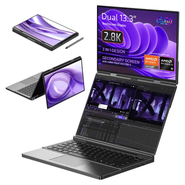 Slika prijenosnog računala GPD Duo, koja prikazuje njegov 3-u-1 dizajn s dvostrukim 13.3-inčnim zaslonom osjetljivim na dodir, svaki s 2.8K OLED rezolucijom. Prijenosno računalo prikazuje se u različitim načinima rada: konfiguracije tableta, šatora i prijenosnog računala s dva zaslona.  Sekundarni zaslon podržava video ulaz putem USB-C. Istaknute specifikacije uključuju AMD Ryzen 7 8840U procesor serije s Ryzen AI-jem, do 64 GB LPDDR5x RAM-a i do 8 TB PCIe 4.0 NVMe SSD pohranu.