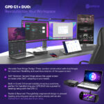 Infographic showcasing the GPD Duo's compatibility with the GPD G1 for a powerful workstation setup. Features include a versatile dual-hinge design with a 360° rotation for the upper screen, built-in stand for various positions, and enhanced stability. The setup is crafted from durable aluminum alloy, making it ideal for transforming into a desktop experience