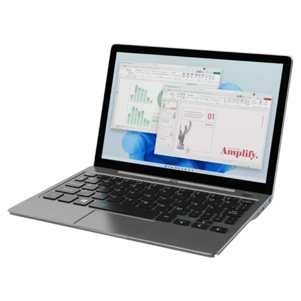 Small, portable laptop with a sleek design, featuring a compact keyboard and a screen displaying spreadsheets and a presentation. The device has a modern, metallic finish and a thin, lightweight form factor, ideal for on-the-go productivity