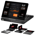 Front view of the GPD Pocket 4 highlighting its 8.8-inch 2.5K touchscreen display, powered by AMD Ryzen AI 9 HX with 32GB RAM and 2TB NVMe SSD. Showcases modular design and multiple configurations for enhanced portability and versatility in professional and creative applications.