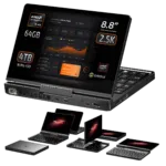 GPD-POCKET-4-INFOGRAFIK-DONE-370-64-4-01 Framsidan av GPD Pocket 4 visar dess 8,8-tums 2,5K-pekskärm, som drivs av AMD Ryzen AI 9 HX med 64 GB RAM och 4 TB NVMe SSD. Den modulära designen med flera konfigurationer kombinerar bärbarhet och hög prestanda för professionella uppgifter.