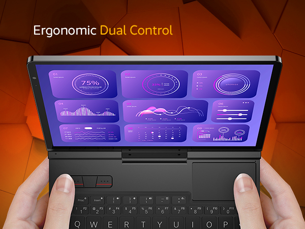 Close-up view of the GPD Pocket 4 in use, showcasing its ergonomic dual-control layout with a responsive touchscreen displaying vibrant analytics and charts, designed for professional workflows.