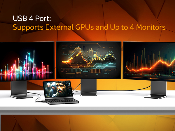 La GPD Pocket 4 se conecta a varios monitores externos mediante USB 4, admite GPU externas y hasta 4 pantallas simultáneamente, con vibrantes visualizaciones de datos en los monitores.