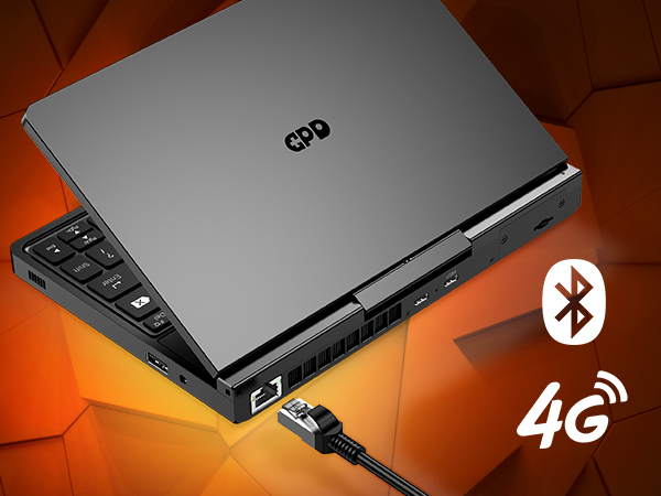 Una vista trasera del GPD Pocket 4 en la que se destacan sus opciones de conectividad, incluido un módulo 4G LTE, un puerto Ethernet, USB-C y Bluetooth, haciendo hincapié en una conectividad perfecta para todos los entornos.