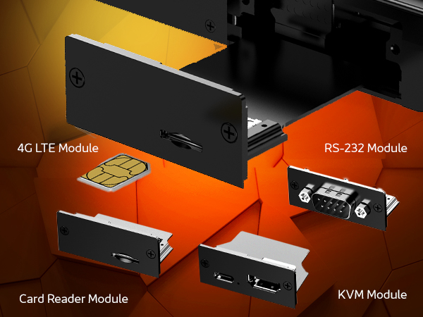 Eine detaillierte Ansicht der modularen Komponenten für die GPD Pocket 4, die das 4G-LTE-Modul, das RS-232-Modul, das Kartenlesemodul und das KVM-Modul zeigt. Das modulare System ist auf Vielseitigkeit ausgelegt und verbessert die Konnektivität und Funktionalität für professionelle Anwendungsfälle.