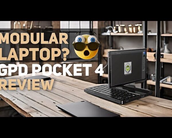 Image featuring a modular laptop, the GPD Pocket 4, on a modern wooden desk in an industrial-style workspace. Text overlay reads 'Modular Laptop? GPD Pocket 4 Review' with an expressive emoji depicting surprise, highlighting the device's unique modular design.