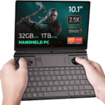 The GPD Win Max 2 (2024) is shown running The Witcher game on its display. The device features impressive specifications, including up to 64GB of RAM, up to 4TB SSD NVMe storage, and a Ryzen 7 8840U CPU, highlighting its capability to handle demanding games with ease.