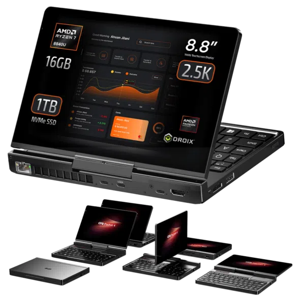 Prednji pogled na GPD Pocket 4 s 8,8-inčnim 2,5K zaslonom osjetljivim na dodir, pokretanim AMD Ryzen 7 8840U procesorom, 16 GB RAM-a i 1 TB NVMe SSD-om. Uključuje modularne konfiguracije dizajna s raznim načinima rada prijenosnog računala i kompaktnim oblikom za prenosivost i produktivnost.