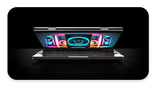 The image showcases the GPD Pocket 4, a compact, portable laptop with a vibrant display featuring a colorful speaker system illustration on the screen. The device is depicted partially open, highlighting its sleek design and modern aesthetic, likely appealing to users interested in high-performance portable computing