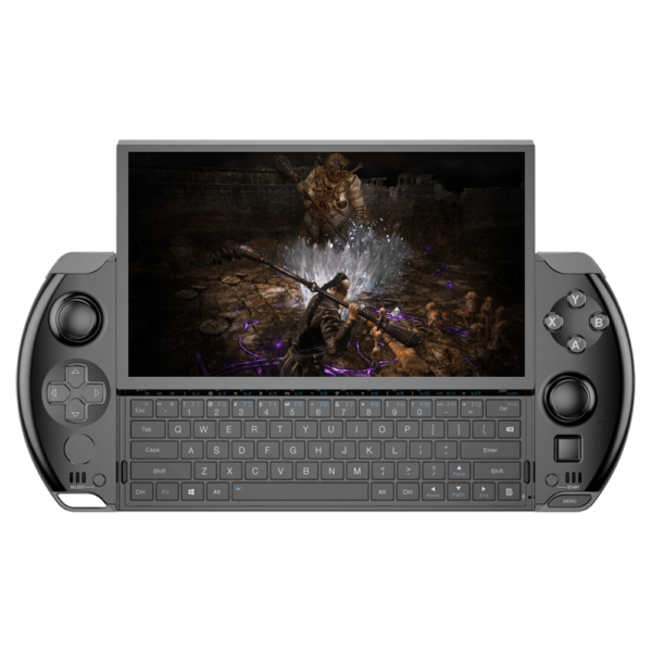 The image shows a GPD WIN 4 2025 model, a portable handheld gaming device. It features a landscape-oriented screen with game graphics displayed. The device includes integrated game controller buttons on the sides, a QWERTY keyboard below the screen, and thumbsticks for precise input. Its compact design emphasizes mobility and versatility for gaming and productivity on the go.