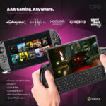 Promoting AAA gaming anywhere, the GPD WIN 4 (2025) is shown running games like Cyberpunk 2077, Diablo IV, God of War, and GTA V. One image displays the Steam library, while another captures in-game graphics, emphasizing its capability as a powerful gaming companion.