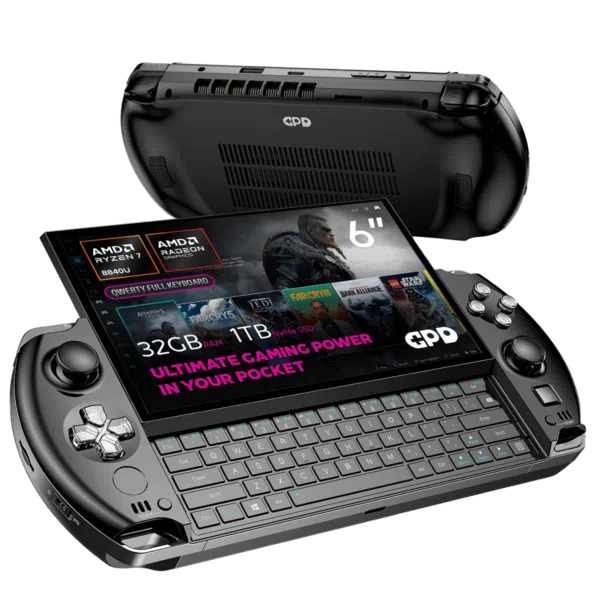 Ένα κοντινό πλάνο του GPD WIN 4 (2025), με έμφαση στον επεξεργαστή AMD Ryzen 7 8840U και τα γραφικά AMD Radeon 780M. Διαθέτει 32GB RAM και 1TB NVMe SSD. Το σλόγκαν γράφει: "Ultimate Gaming Power in Your Pocket", δίνοντας έμφαση στον φορητό σχεδιασμό του.