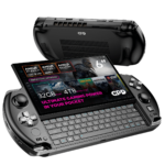 A sleek gaming handheld device with a 6" Full HD touchscreen display showcasing its compact QWERTY keyboard and powerful specs. Features include AMD Ryzen AI Pro 9 HX processor, up to 32GB RAM, and 4TB NVMe SSD storage. Highlighted text reads, "Ultimate Gaming Power in Your Pocket."