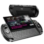 GPD-WIN-4-2025-LISTING-GENERIC-01 جهاز محمول أنيق للألعاب مزوّد بشاشة تعمل باللمس بدقة Full HD مقاس 6 بوصات مع لوحة مفاتيح QWERTY صغيرة الحجم ومواصفات قوية. تشمل الميزات معالج AMD Ryzen AI Pro 9 HX من AMD، وذاكرة وصول عشوائي (RAM) تصل إلى 32 جيجابايت، وذاكرة تخزين NVMe SSD بسعة 4 تيرابايت. النص المميز يقول "قوة الألعاب المطلقة في جيبك".