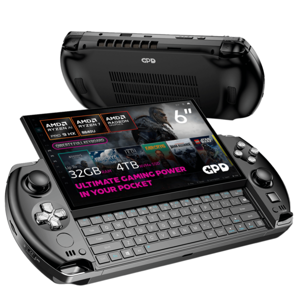 A sleek gaming handheld device with a 6" Full HD touchscreen display showcasing its compact QWERTY keyboard and powerful specs. Features include AMD Ryzen AI Pro 9 HX processor, up to 32GB RAM, and 4TB NVMe SSD storage. Highlighted text reads, "Ultimate Gaming Power in Your Pocket."