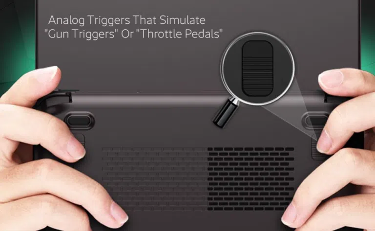 An image of the GPD Win Max 2 (2025) gaming laptop, focusing on its analog triggers. The close-up view shows the ergonomic triggers on the device, designed to provide precise control and sensitivity for gaming, enhancing the overall gameplay experience