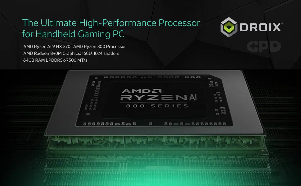 Promotional graphic for the GPD WIN MAX 2 2025 featuring the AMD Ryzen AI 9 HX 370 and AMD Ryzen 300 processors. The image showcases the AMD Ryzen AI 300 Series processor, emphasizing its high-performance capabilities for handheld gaming PCs. Key specifications include AMD Radeon 890M Graphics with 16 Compute Units (CUs) and 1024 shaders, along with 64GB LPDDR5x RAM at 7500 MT/s. The DroiX and GPD logos are displayed prominently in the upper right corner, highlighting the collaboration.