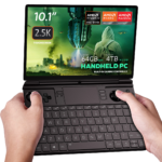 Image of the GPD Win Max 2 2025, a handheld gaming PC with a 10.1-inch 2.5K touchscreen display. It features AMD Ryzen AI Pro 9 HX and Radeon 8000 Series graphics. The device boasts up to 64GB RAM and up to 4TB M.2 SSD storage, with built-in gaming controls and a full QWERTY keyboard. The screen displays a futuristic gaming scene with vibrant visuals, emphasizing its advanced performance capabilities.