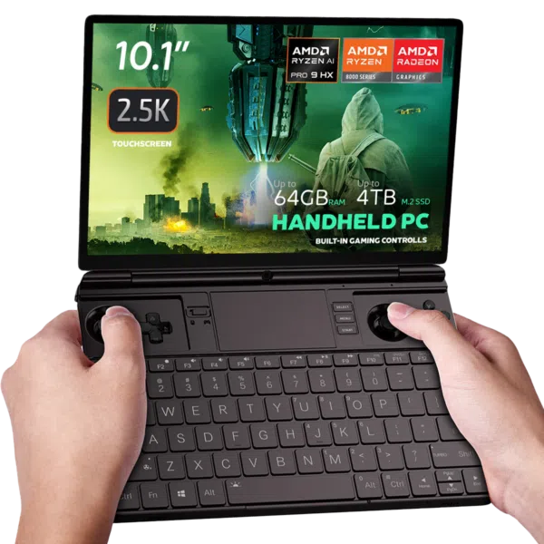 Image of the GPD Win Max 2 2025, a handheld gaming PC with a 10.1-inch 2.5K touchscreen display. It features AMD Ryzen AI Pro 9 HX and Radeon 8000 Series graphics. The device boasts up to 64GB RAM and up to 4TB M.2 SSD storage, with built-in gaming controls and a full QWERTY keyboard. The screen displays a futuristic gaming scene with vibrant visuals, emphasizing its advanced performance capabilities.