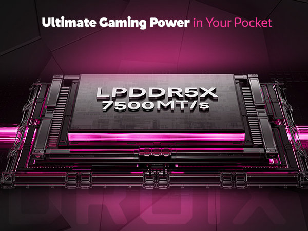 Ta slika poudarja vrhunsko zmogljivost pomnilnika GPD WIN 4 (2025), ki prikazuje LPDDR5X s hitrostmi do 7500 MT/s. Slogan "Ultimate Gaming Power in Your Pocket" poudarja njegove napredne zmogljivosti, ki zagotavljajo nemoteno večopravilnost in visokohitrostno igralno zmogljivost v prenosni napravi. Elegantna zasnova pomnilniškega modula se ujema s futuristično in visokozmogljivo tematiko izdelka.