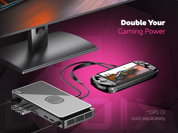 Främjar GPD G1 eGPU för att fördubbla din spelkraft. Installationen framhäver anslutningsmöjligheter för förbättrad prestanda när den är dockad, vilket ger sömlös desktop gaming. 