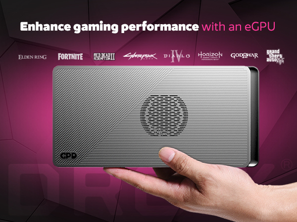 A sleek GPD G1 external GPU is showcased to enhance gaming performance, compatible with popular titles like Cyberpunk 2077, Diablo IV, and GTA V. The device offers a compact design for portable gaming power.