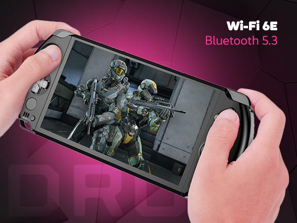 The GPD WIN 4 (2025) highlights Wi-Fi 6E and Bluetooth 5.3 for next-generation wireless connectivity. The image shows high-performance gaming visuals on its compact handheld form factor.