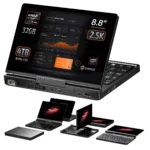 GPD-POCKET-4-INFOGRAPHICS-DONE-370-32-4-01 GPD Pocket 4 mini laptop equipped with an AMD Ryzen 9 AI HX 370 processor, 32GB RAM, and 4TB NVMe SSD. Features an 8.8-inch 2.5K high-resolution touchscreen display. Various device angles emphasize its sleek and flexible design. Perfect for high-performance tasks in a compact form factor.
